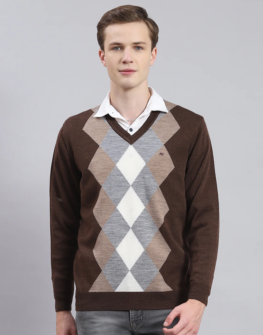 Men Brown Self Design V Neck Full Sleeve Sweater - Image 2