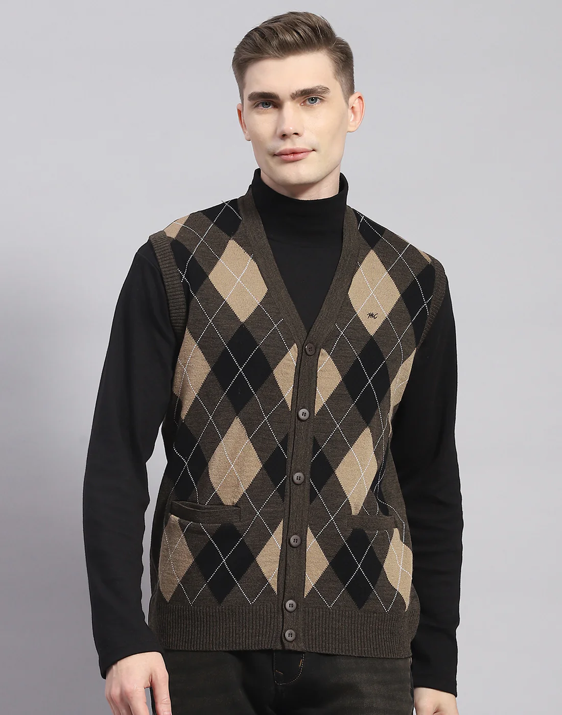 Men Brown Self Design V Neck Sleeveless Cardigan - Image 2