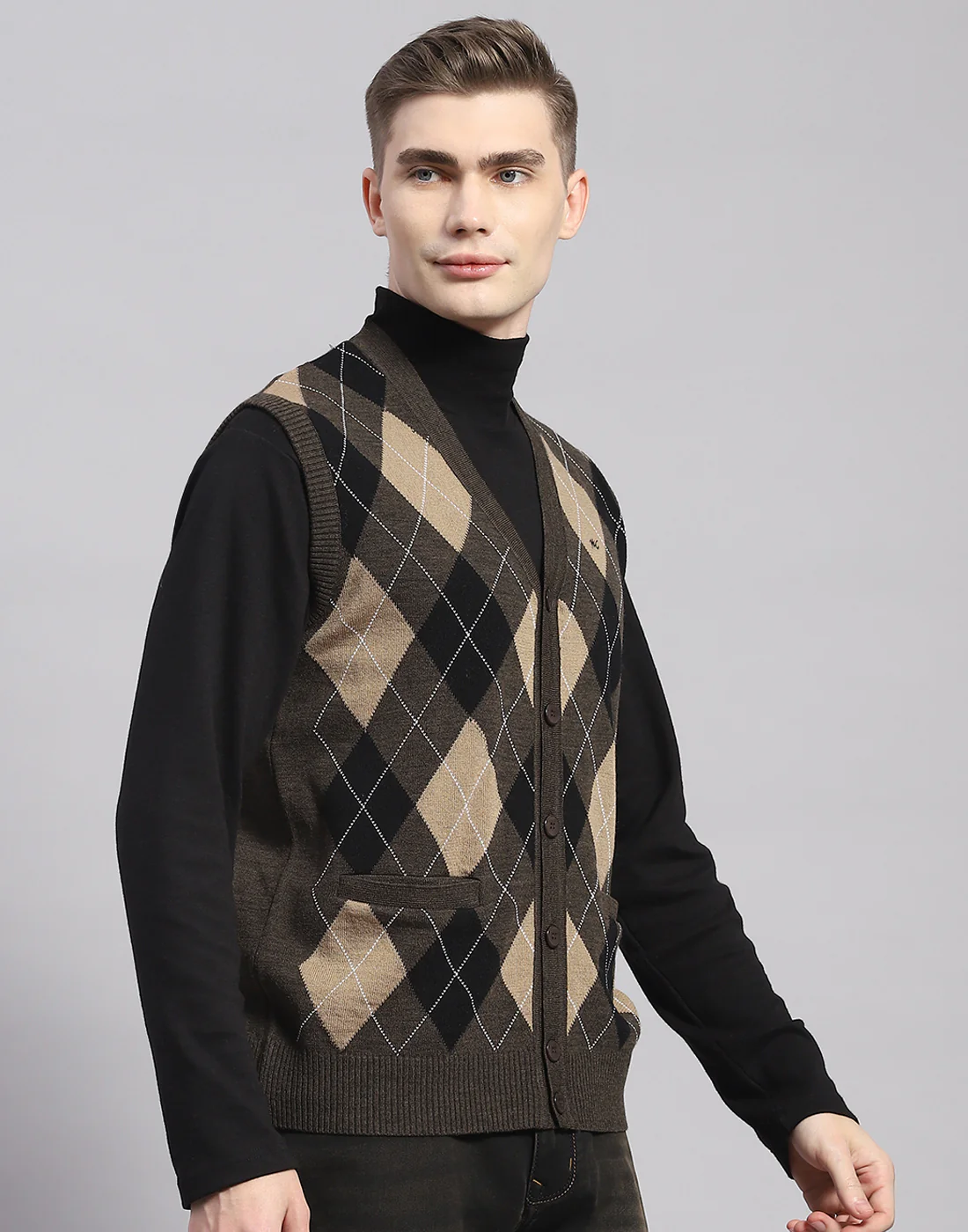 Men Brown Self Design V Neck Sleeveless Cardigan - Image 4