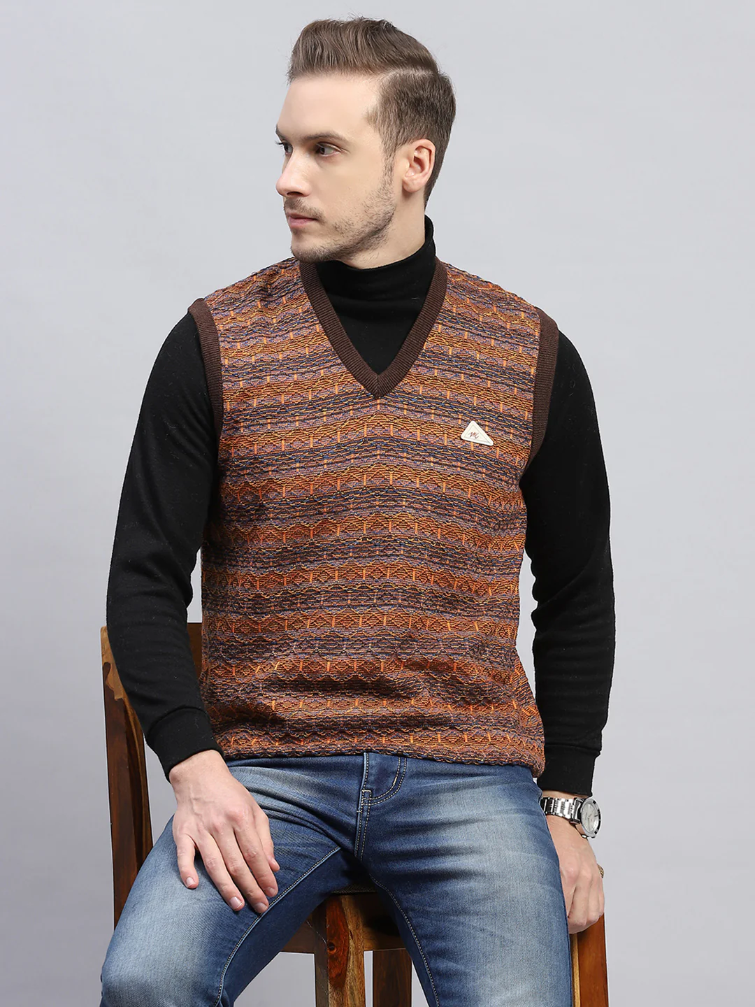 Men Brown Self Design V Neck Sleeveless Sweater - Image 6