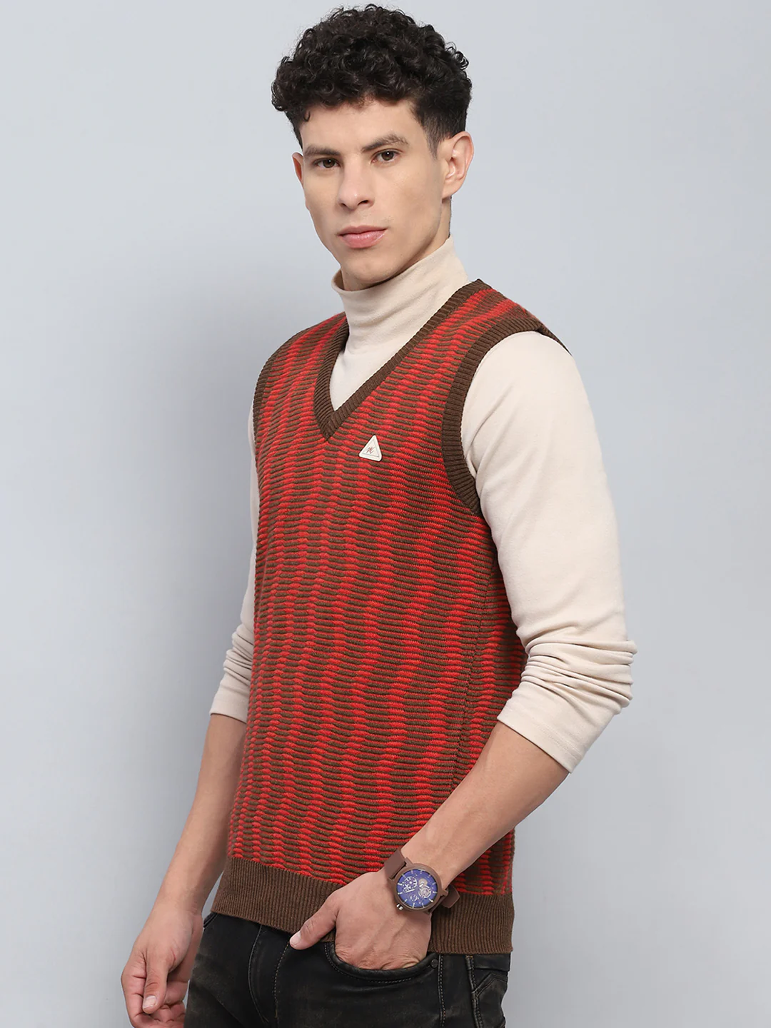 Men Brown Self Design V Neck Sleeveless Sweater - Image 3