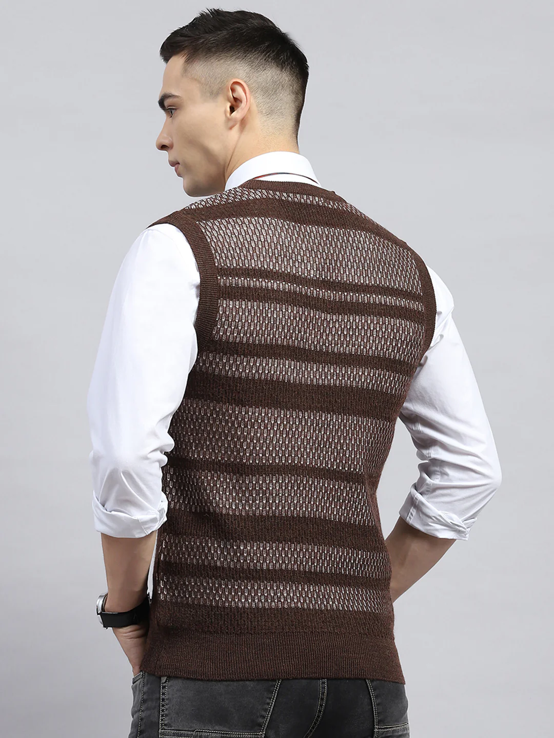 Men Brown Self Design V Neck Sleeveless Sweater - Image 5