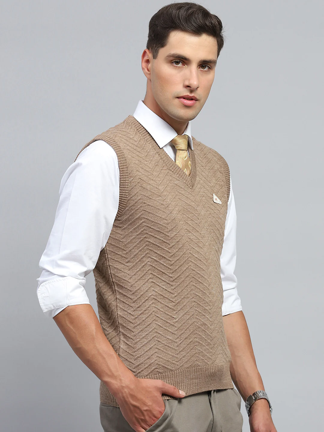 Men Brown Self Design V Neck Sleeveless Sweater - Image 4
