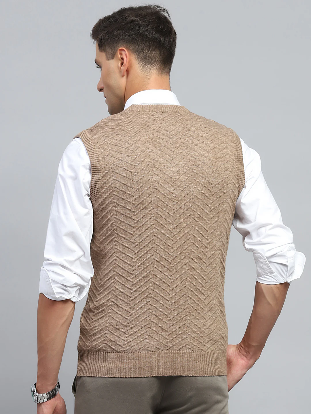 Men Brown Self Design V Neck Sleeveless Sweater - Image 5