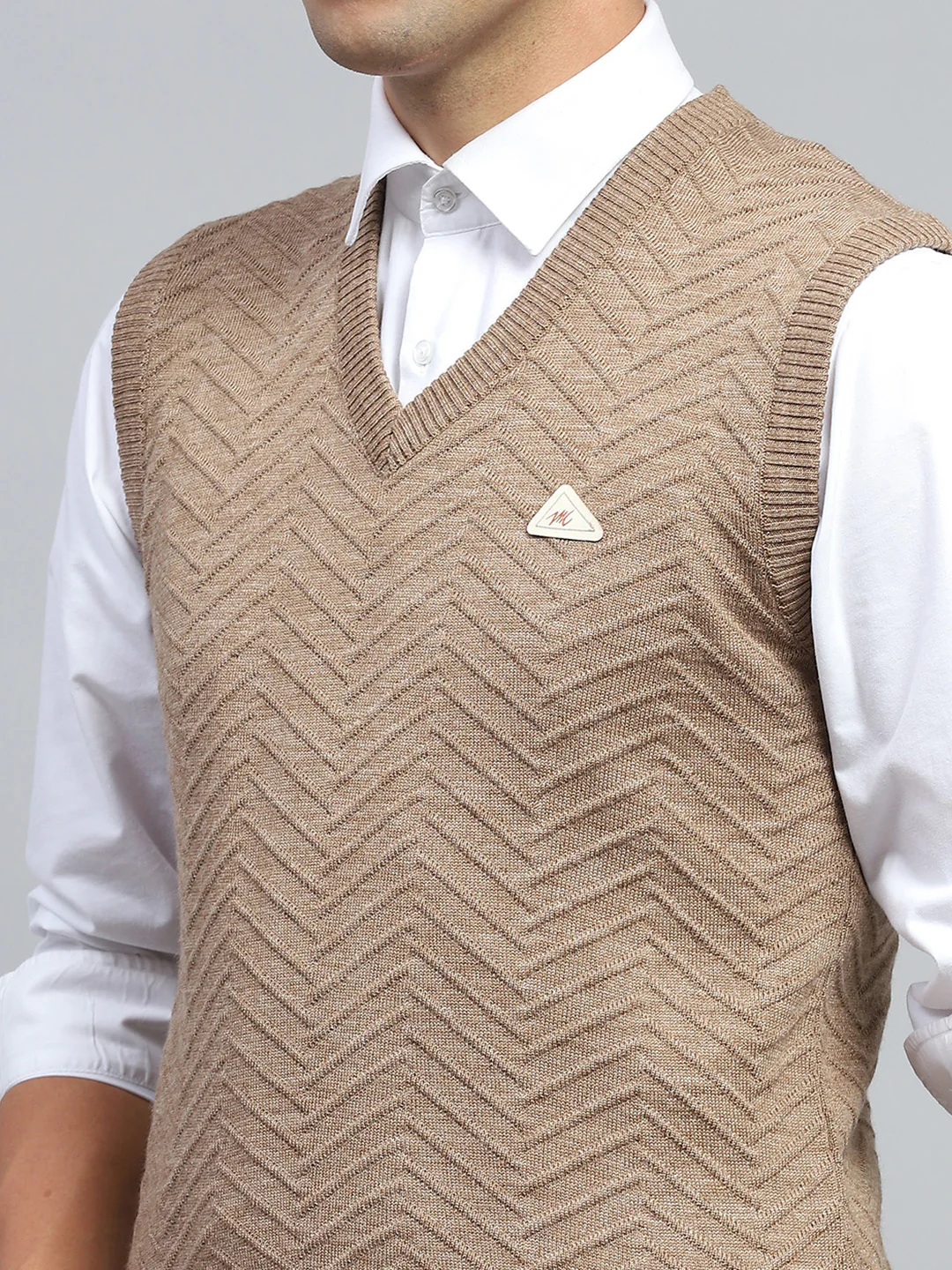 Men Brown Self Design V Neck Sleeveless Sweater - Image 6
