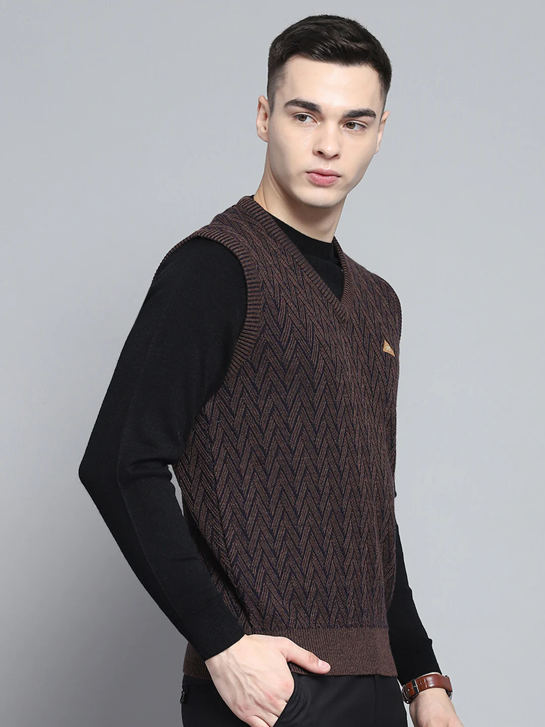 Men Brown Self Design V Neck Sleeveless Sweater - Image 4