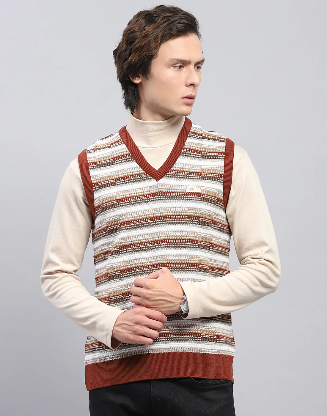Men Brown Self Design V Neck Sleeveless Sweater - Image 2