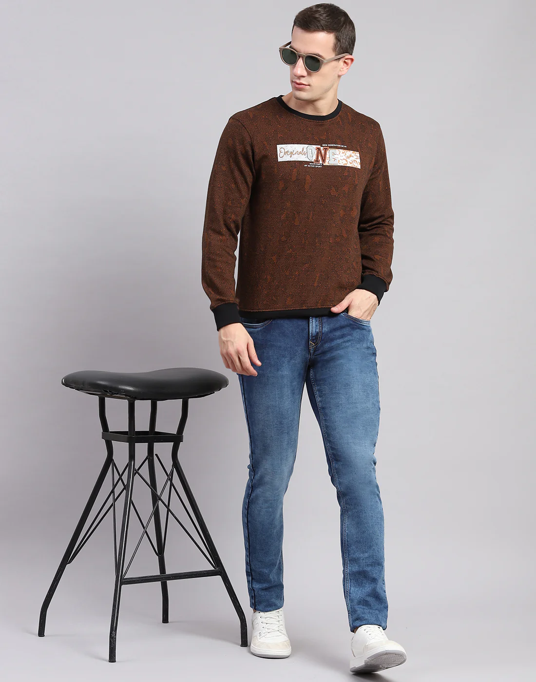Men Brown Self Design Round Neck Full Sleeve Sweatshirts - Image 2