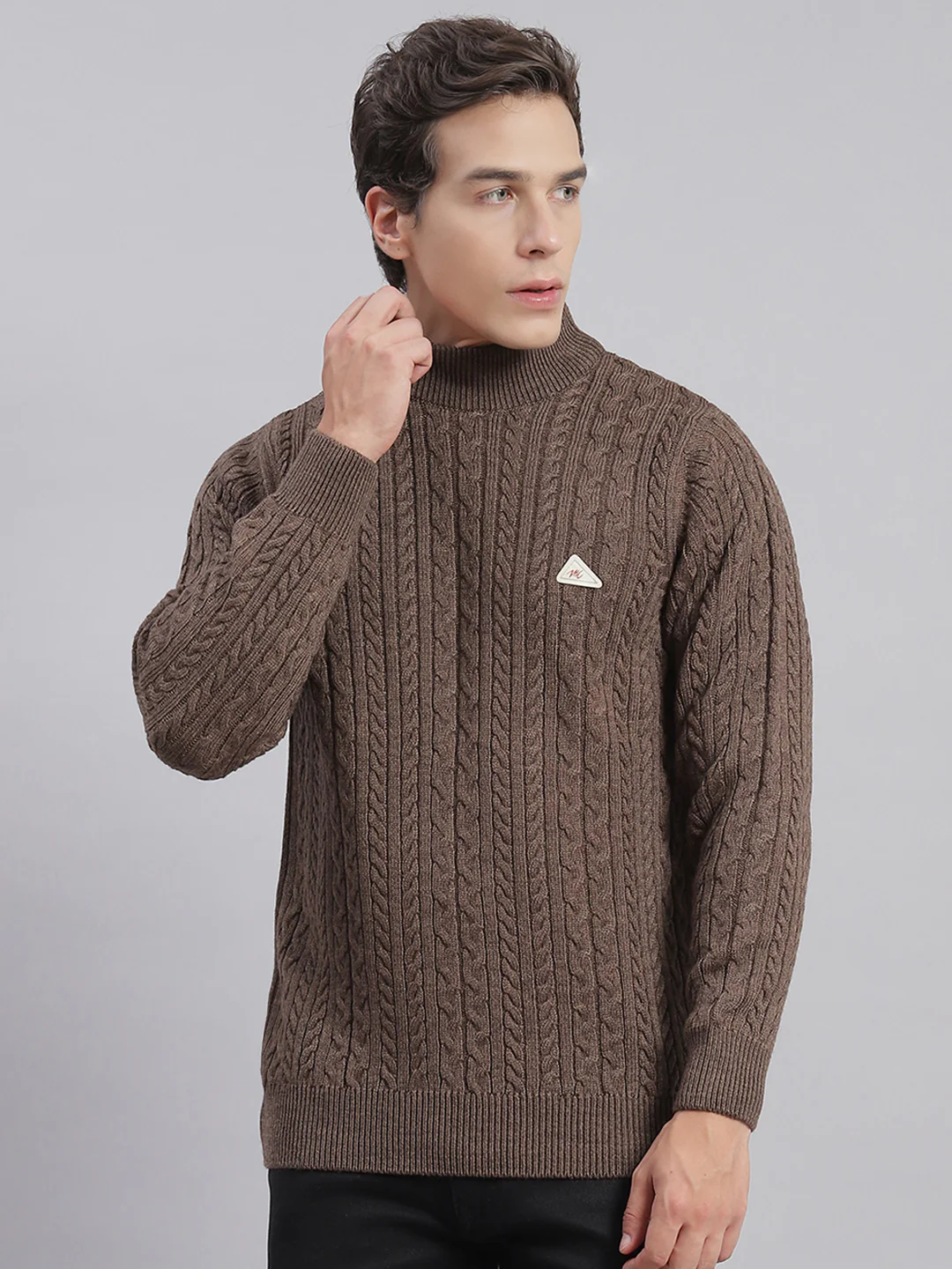 Men Brown Self Design T Neck Full Sleeve Sweaters/Pullovers - Image 3