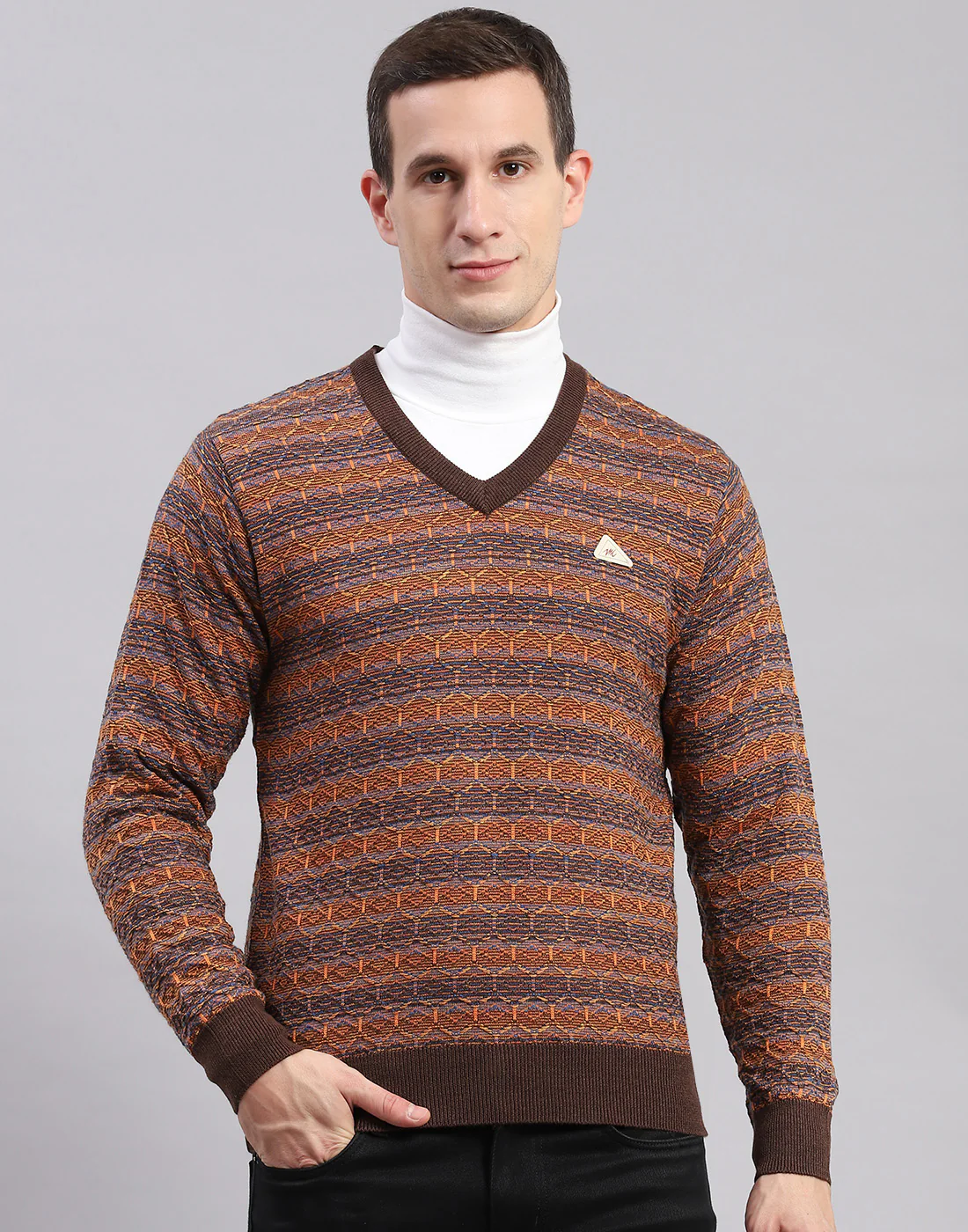 Men Brown Self Design V Neck Full Sleeve Sweaters/Pullovers - Image 2