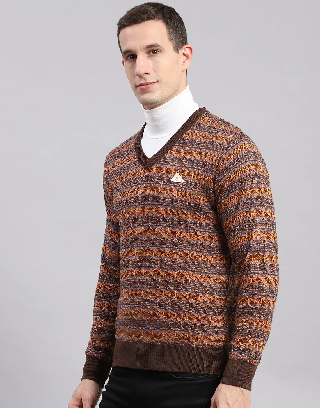 Men Brown Self Design V Neck Full Sleeve Sweaters/Pullovers - Image 3