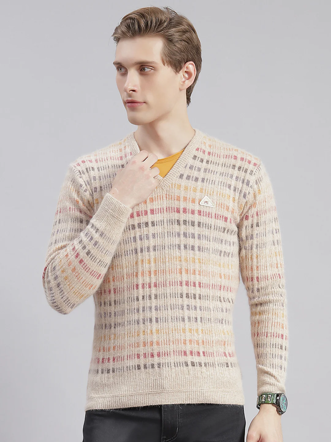 Men Brown Self Design V Neck Full Sleeve Sweaters/Pullovers - Image 2
