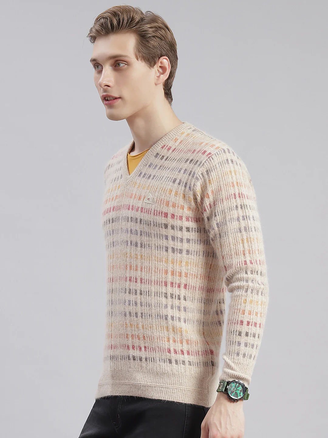 Men Brown Self Design V Neck Full Sleeve Sweaters/Pullovers - Image 3