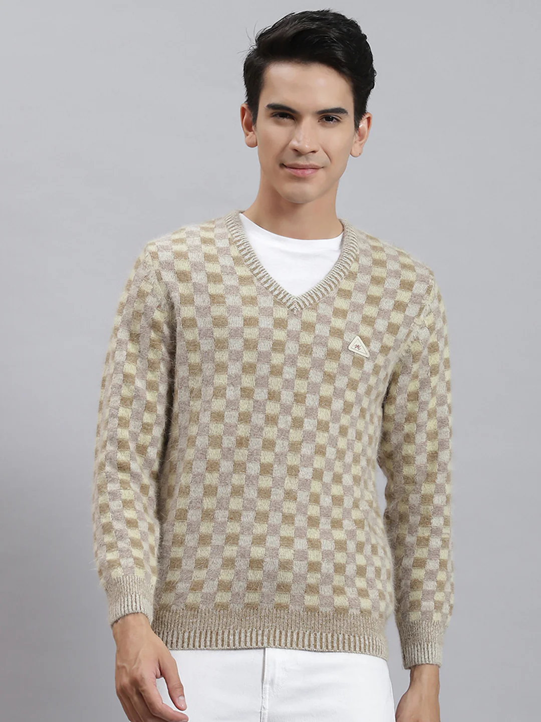 Men Brown Self Design V Neck Full Sleeve Sweaters/Pullovers - Image 2