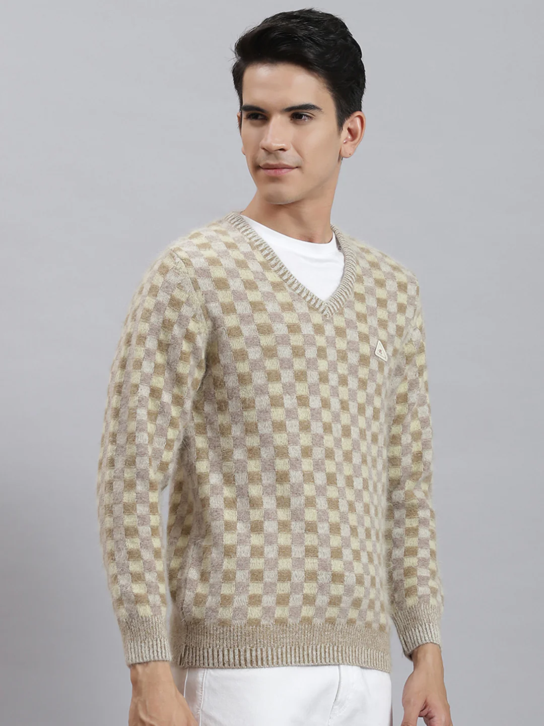 Men Brown Self Design V Neck Full Sleeve Sweaters/Pullovers - Image 4
