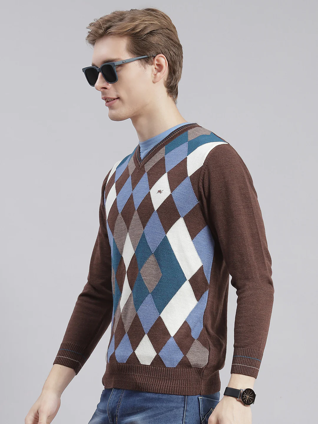 Men Brown Self Design V Neck Full Sleeve Sweaters/Pullovers - Image 5