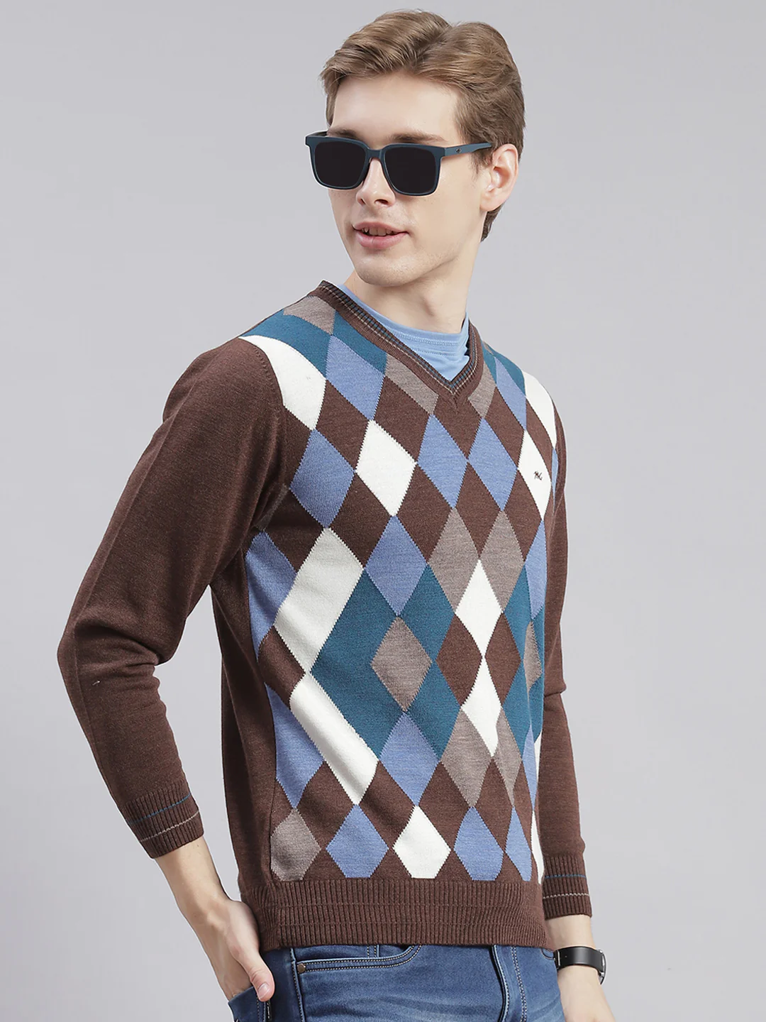 Men Brown Self Design V Neck Full Sleeve Sweaters/Pullovers - Image 6