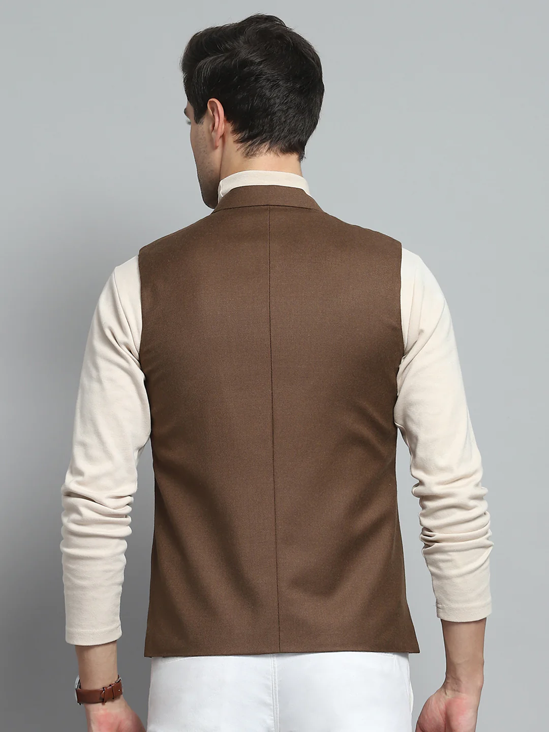 Men Brown Solid Band Collar Sleeveless Nehru Jacket - Image 5
