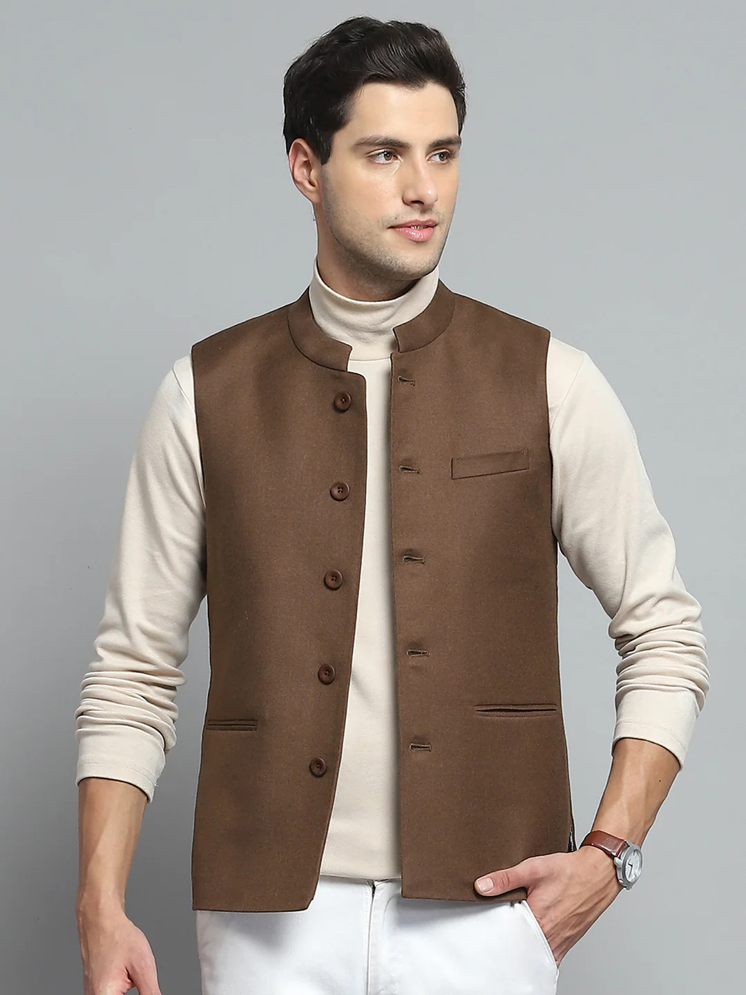 Men Brown Solid Band Collar Sleeveless Nehru Jacket - Image 6