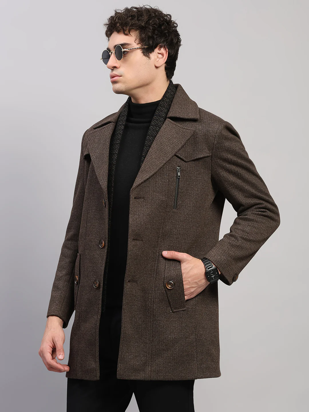 Men Brown Solid Collar Full Sleeve Coat - Image 3