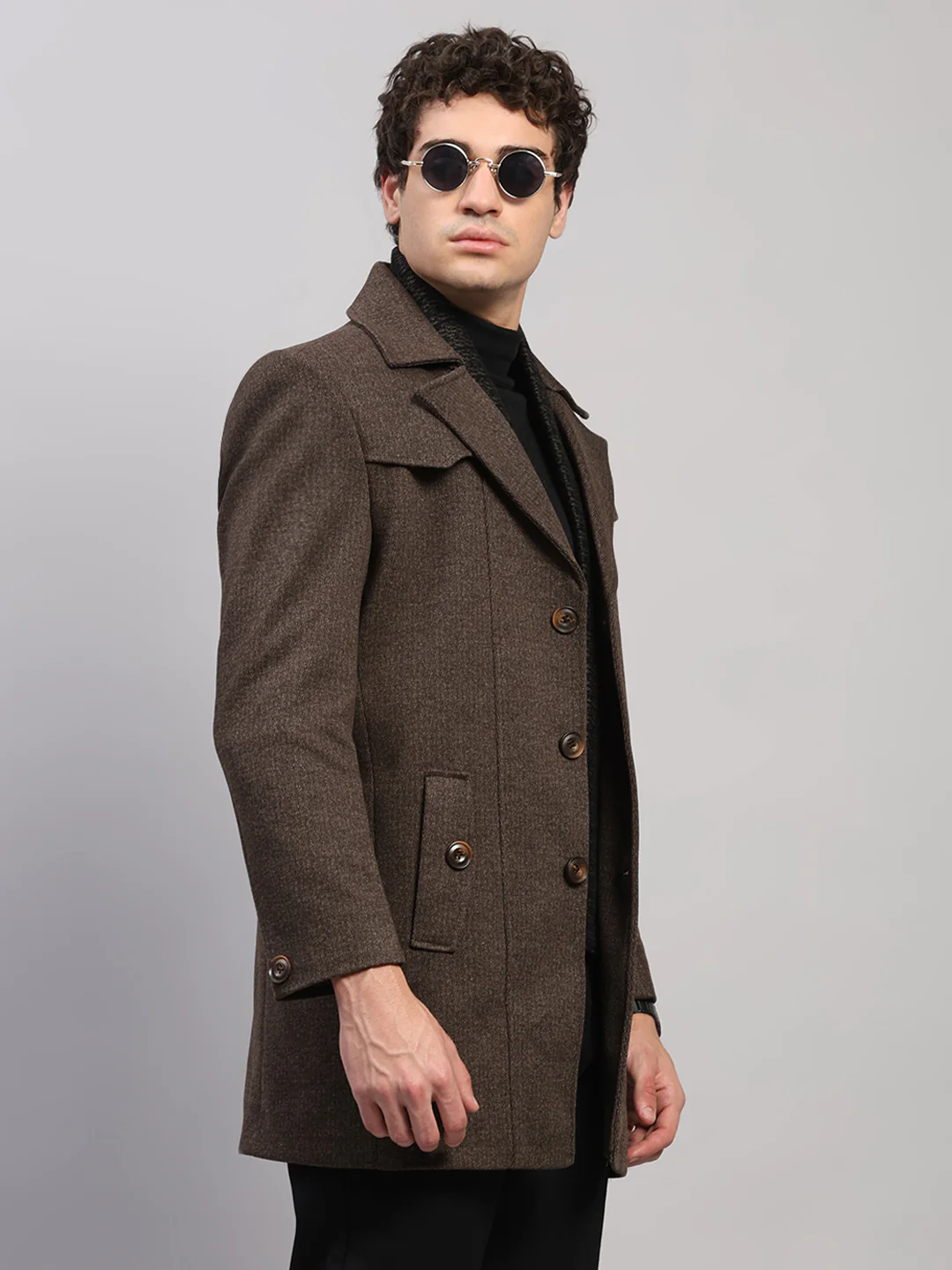 Men Brown Solid Collar Full Sleeve Coat - Image 4