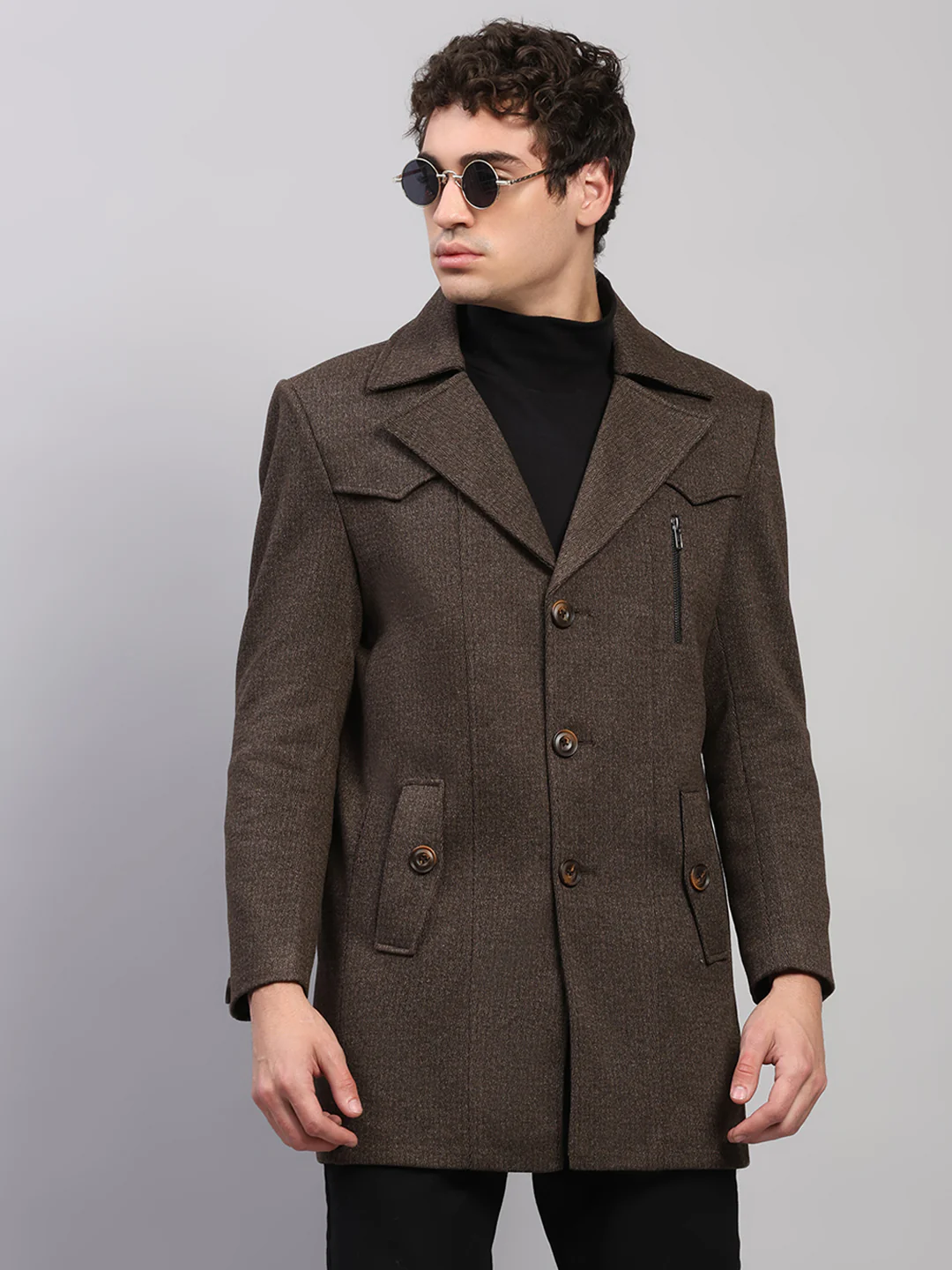 Men Brown Solid Collar Full Sleeve Coat - Image 6