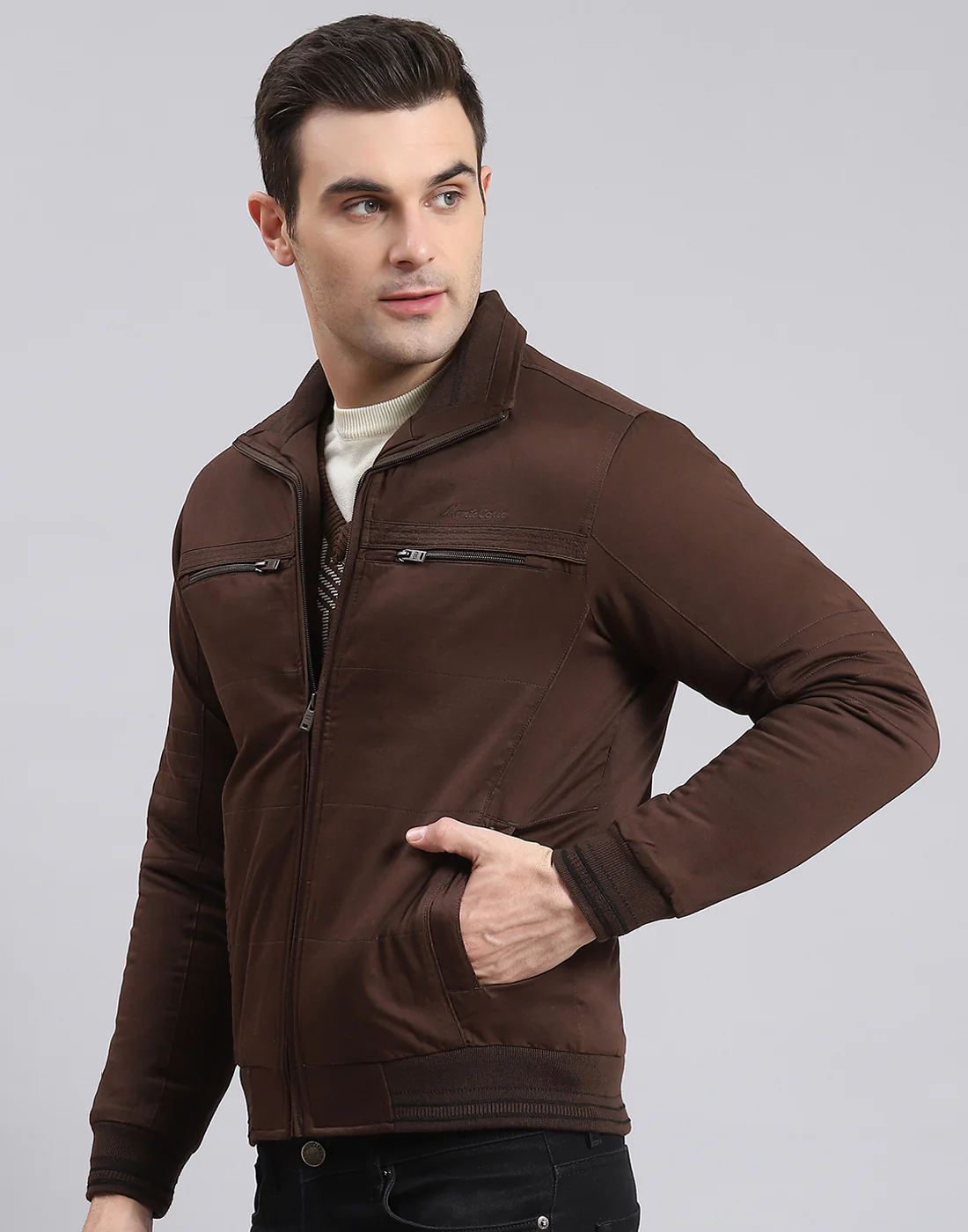 Men Brown Solid Collar Full Sleeve Jacket - Image 4