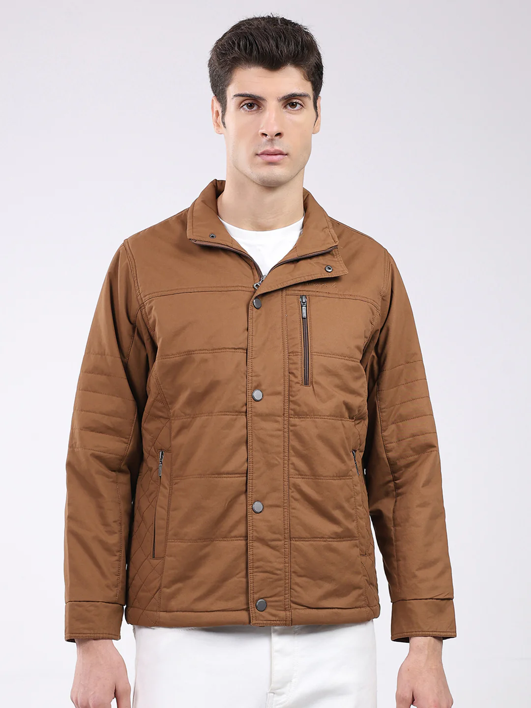 Men Brown Solid Collar Full Sleeve Jacket