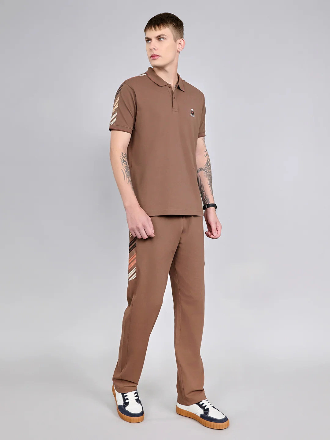 Men Brown Solid Collar Half Sleeve Lower Set - Image 3