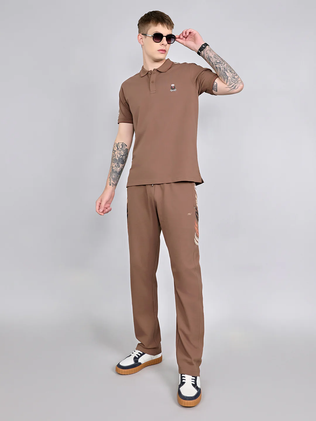 Men Brown Solid Collar Half Sleeve Lower Set - Image 6