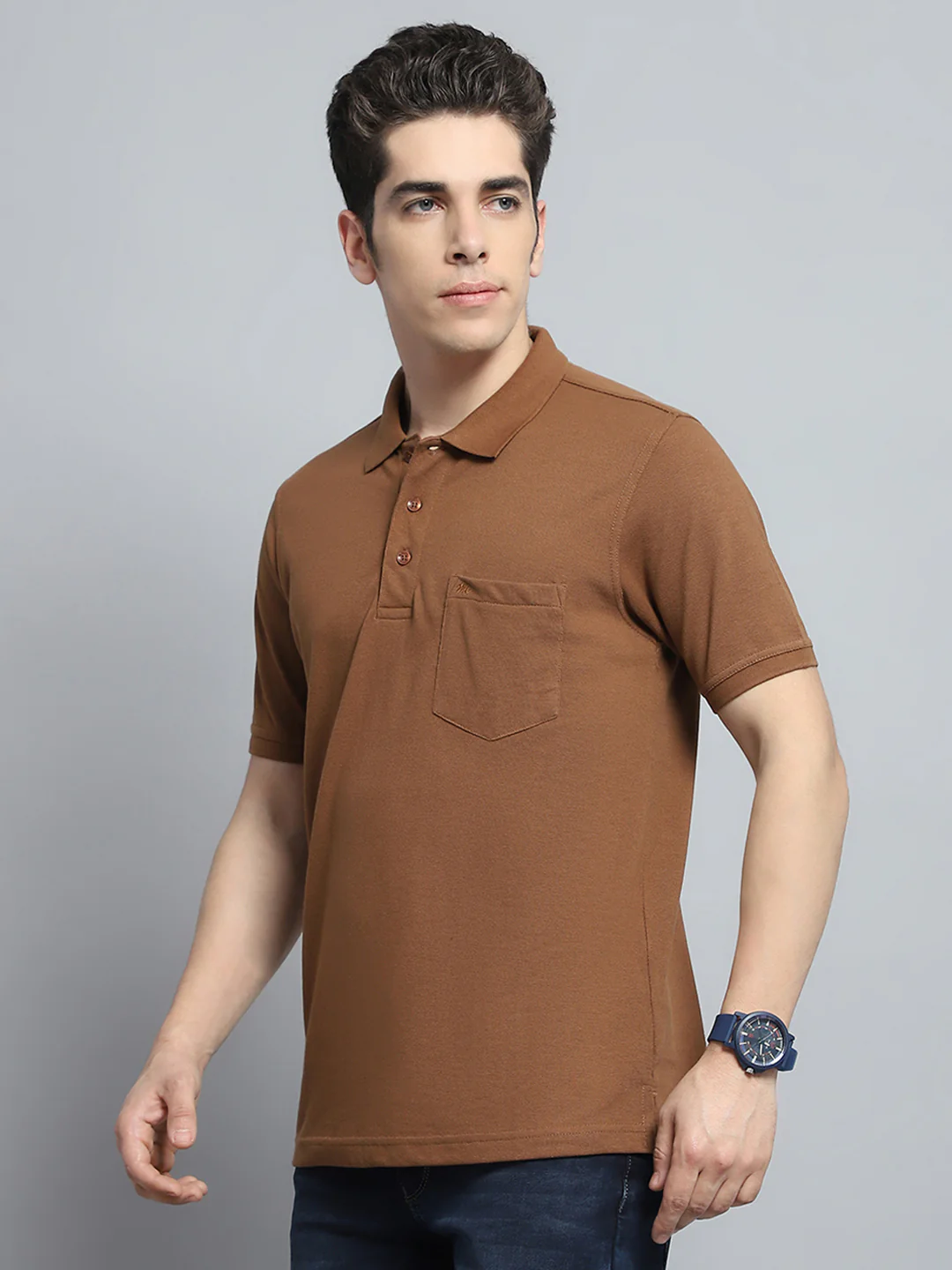 Men Brown Solid Collar Half Sleeve T-Shirt - Image 3