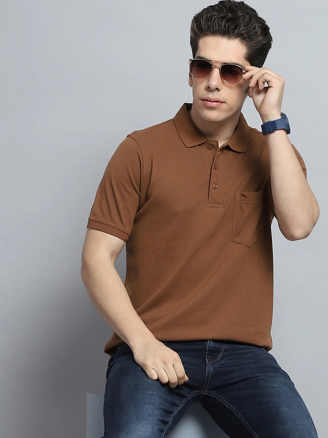 Men Brown Solid Collar Half Sleeve T-Shirt - Image 6