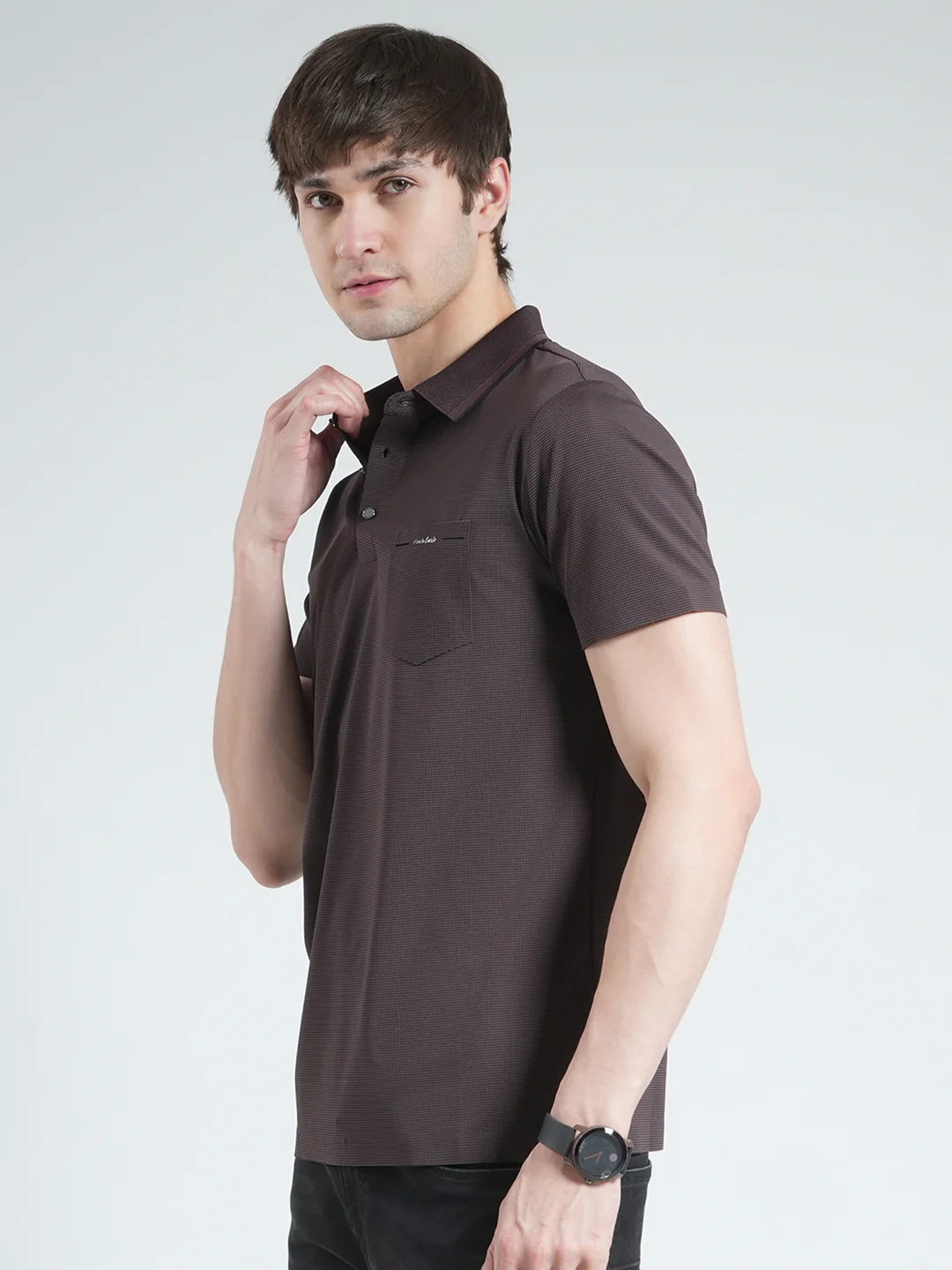 Men Brown Solid Collar Half Sleeve T-Shirt - Image 3