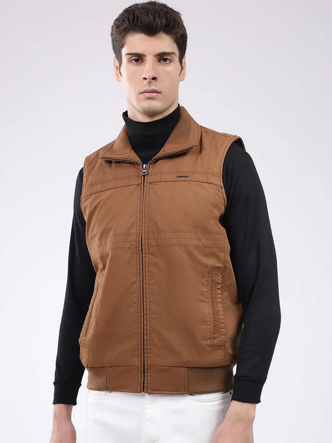 Men Brown Solid Collar Sleeveless Jacket