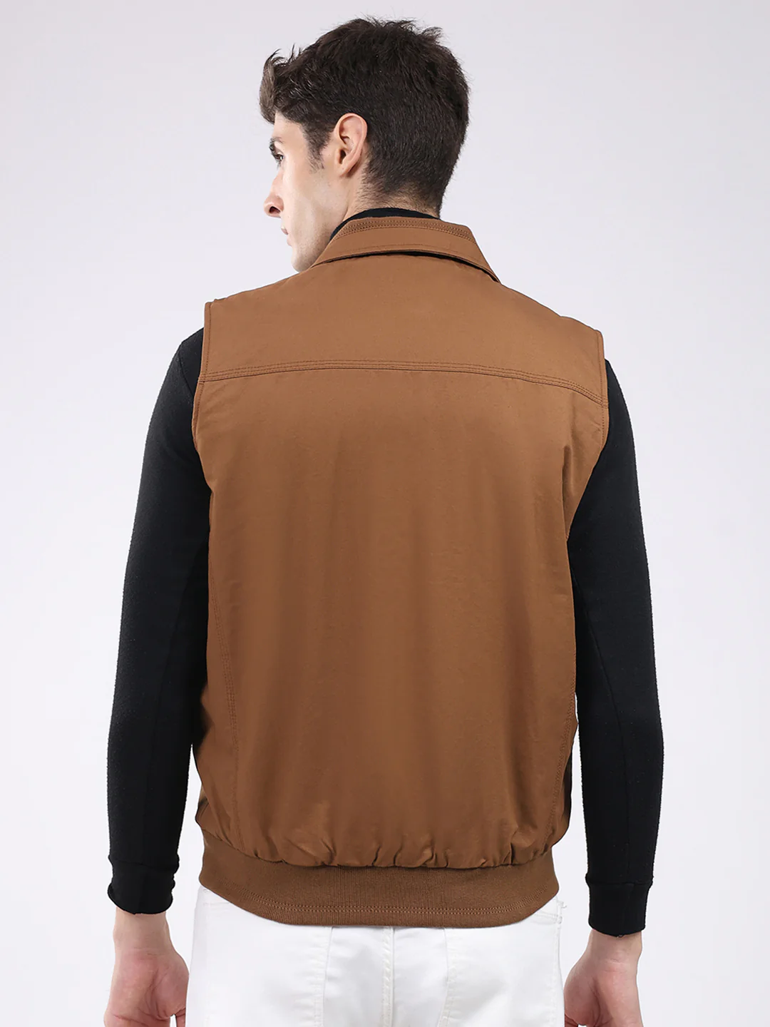 Men Brown Solid Collar Sleeveless Jacket - Image 5