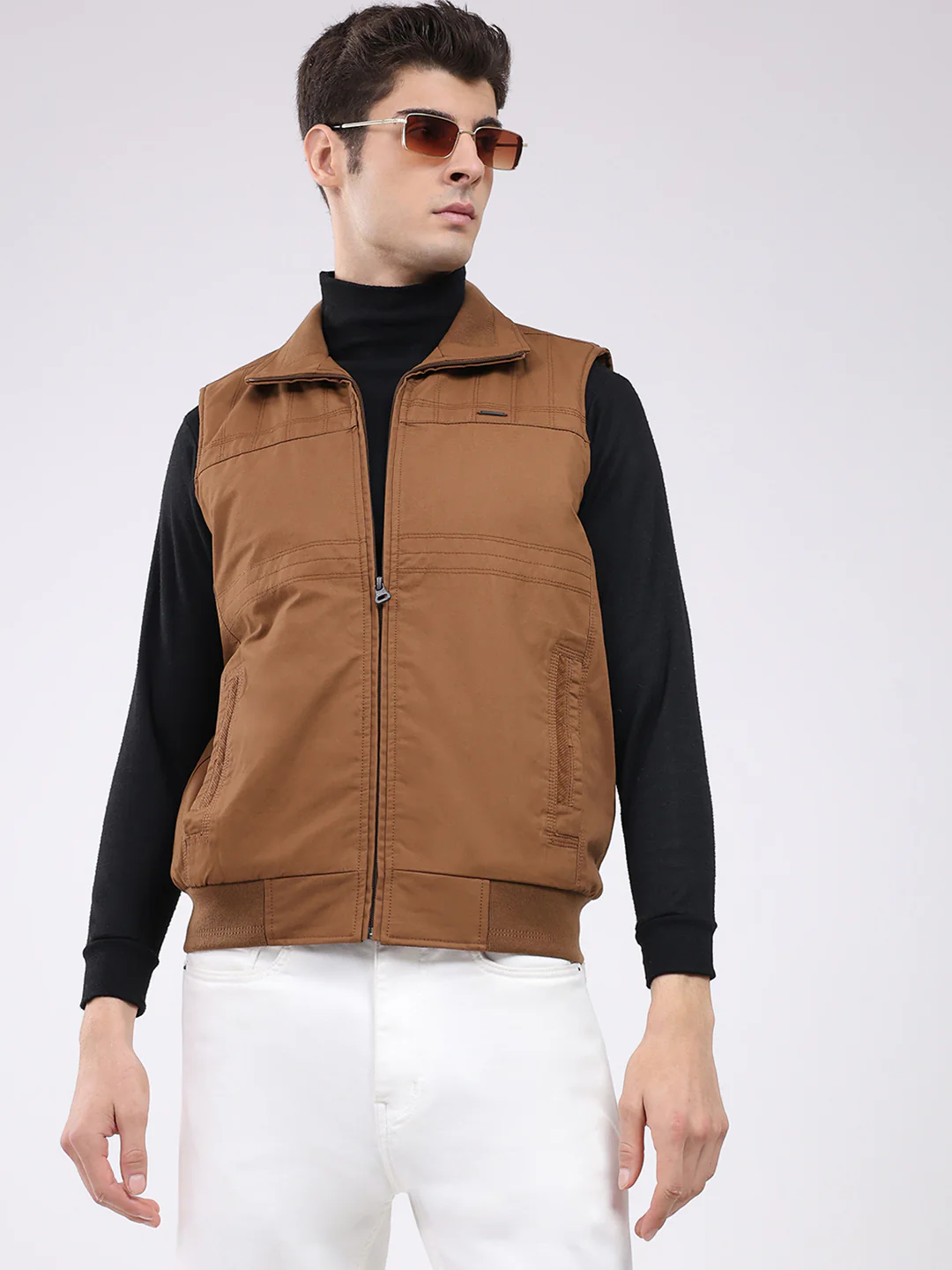 Men Brown Solid Collar Sleeveless Jacket - Image 6