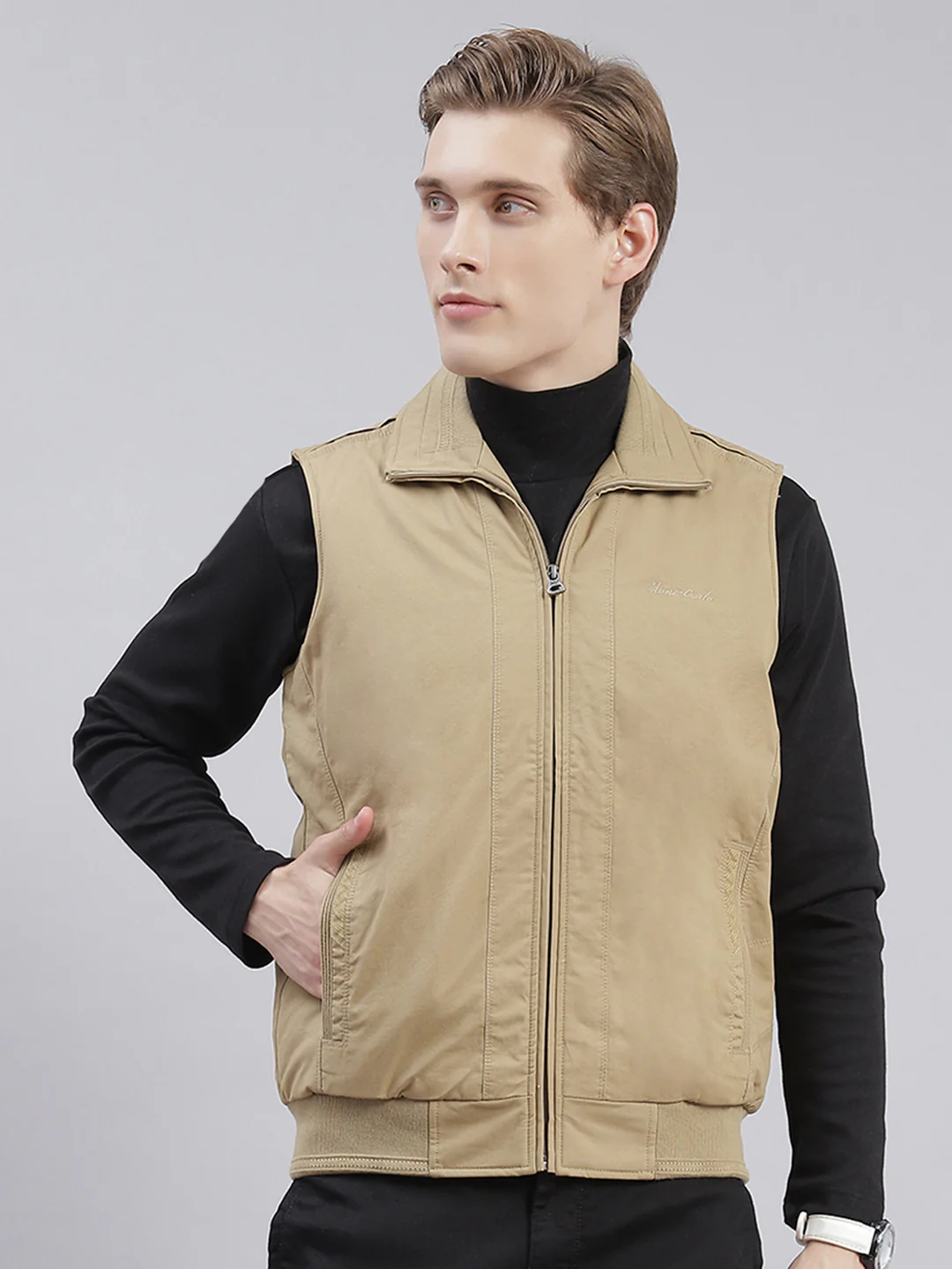 Men Brown Solid Collar Sleeveless Jackets - Image 2