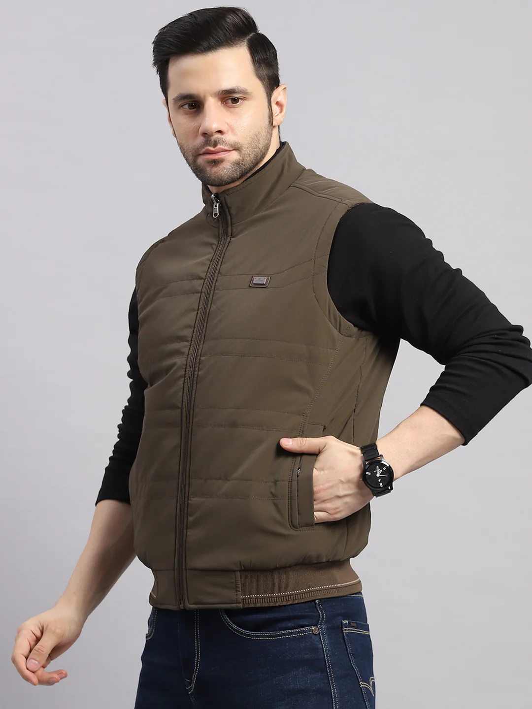 Men Brown Solid Collar Sleeveless Reversible Jacket - Image 3