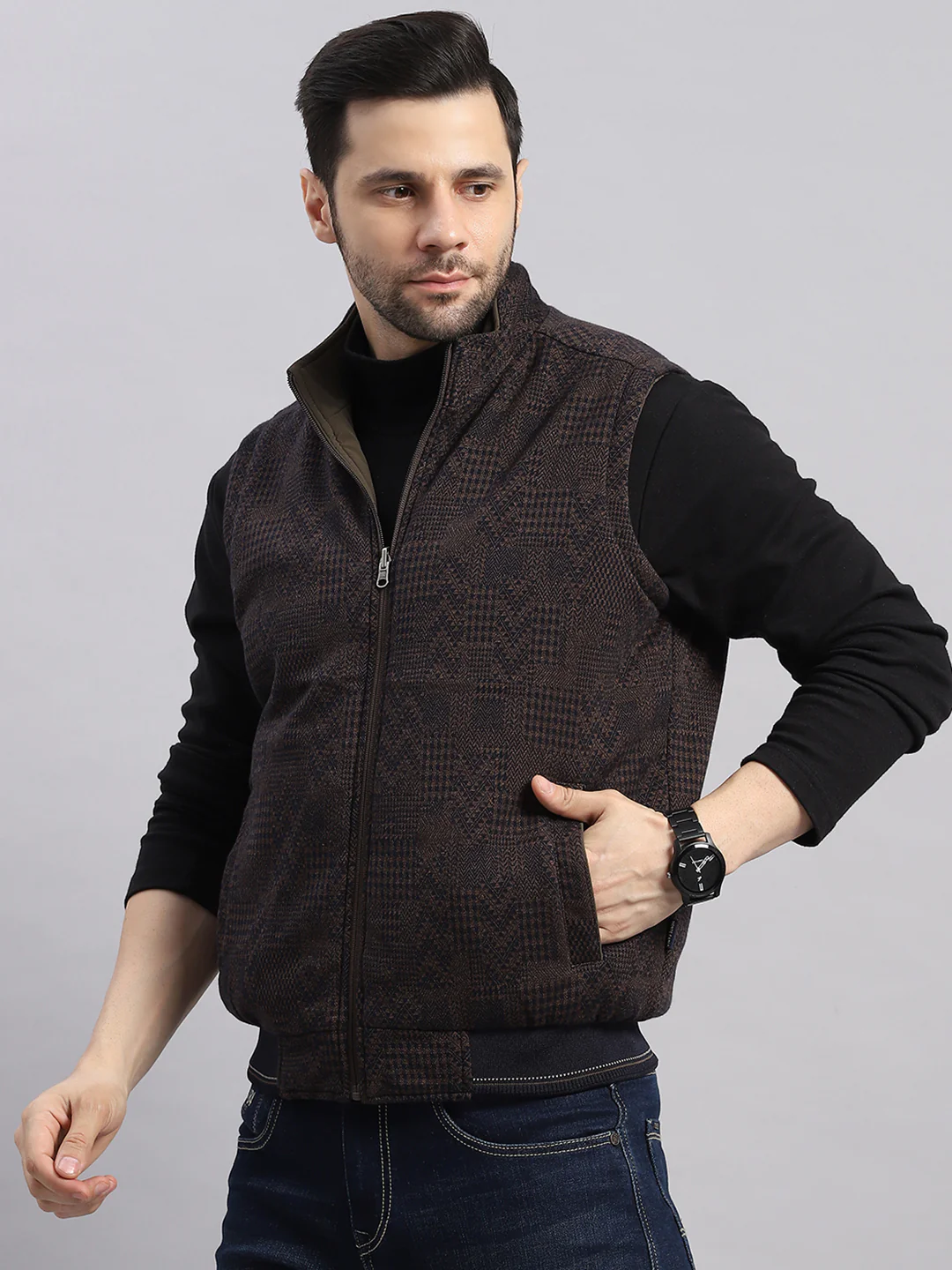 Men Brown Solid Collar Sleeveless Reversible Jacket - Image 7