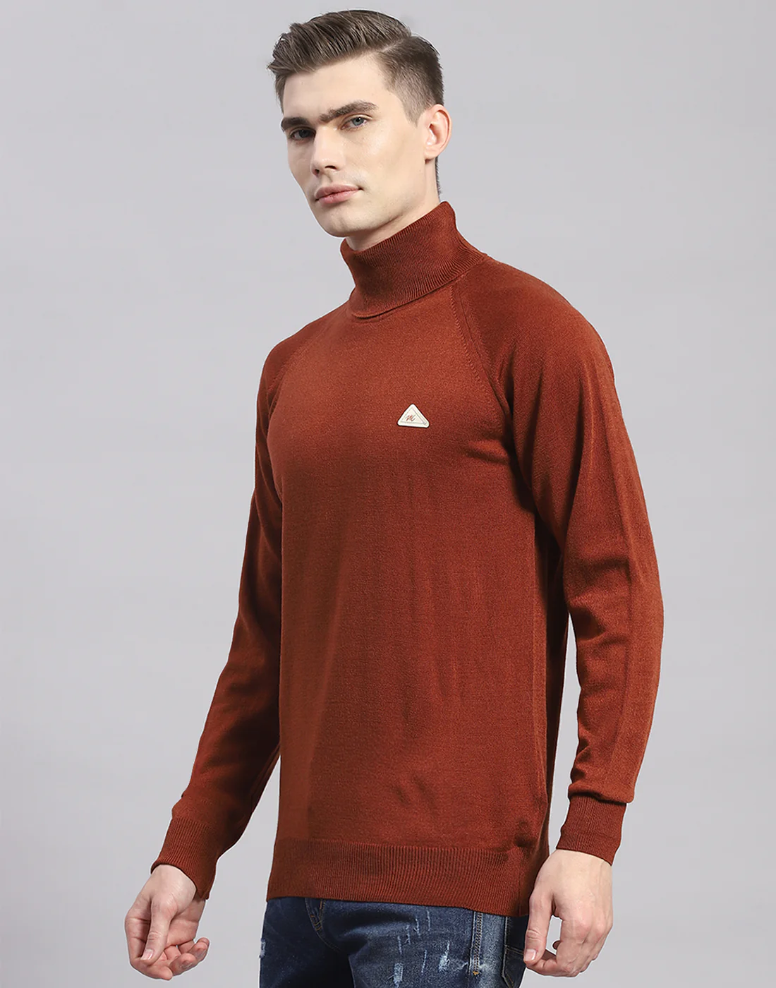 Men Brown Solid H Neck Full Sleeve Pullover - Image 3