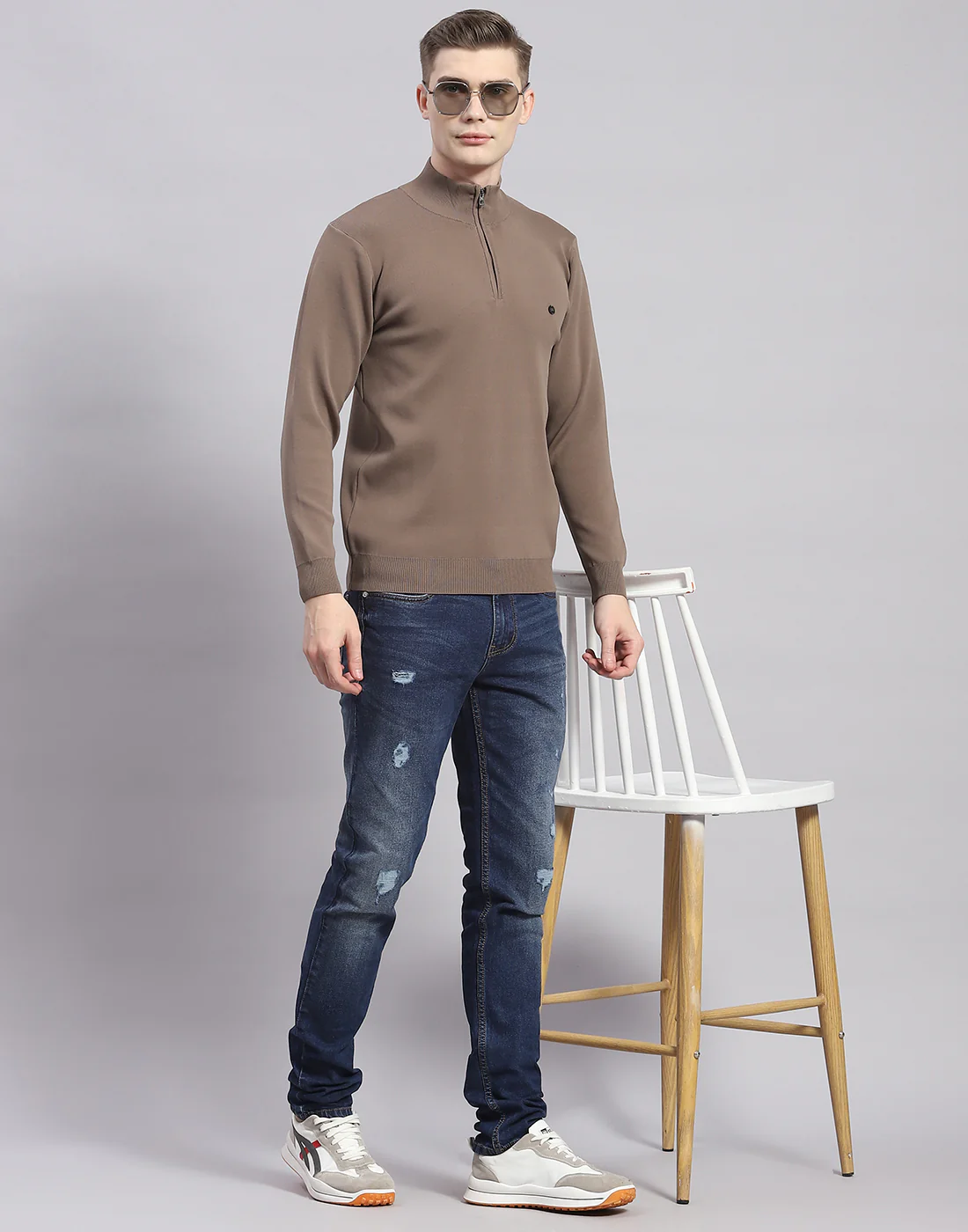 Men Brown Solid H Neck Full Sleeve Pullover - Image 2