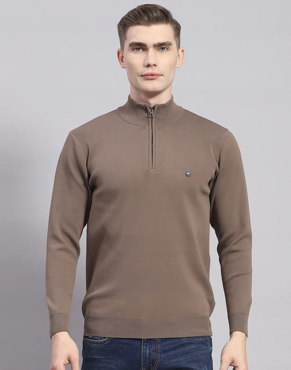 Men Brown Solid H Neck Full Sleeve Pullover - Image 3
