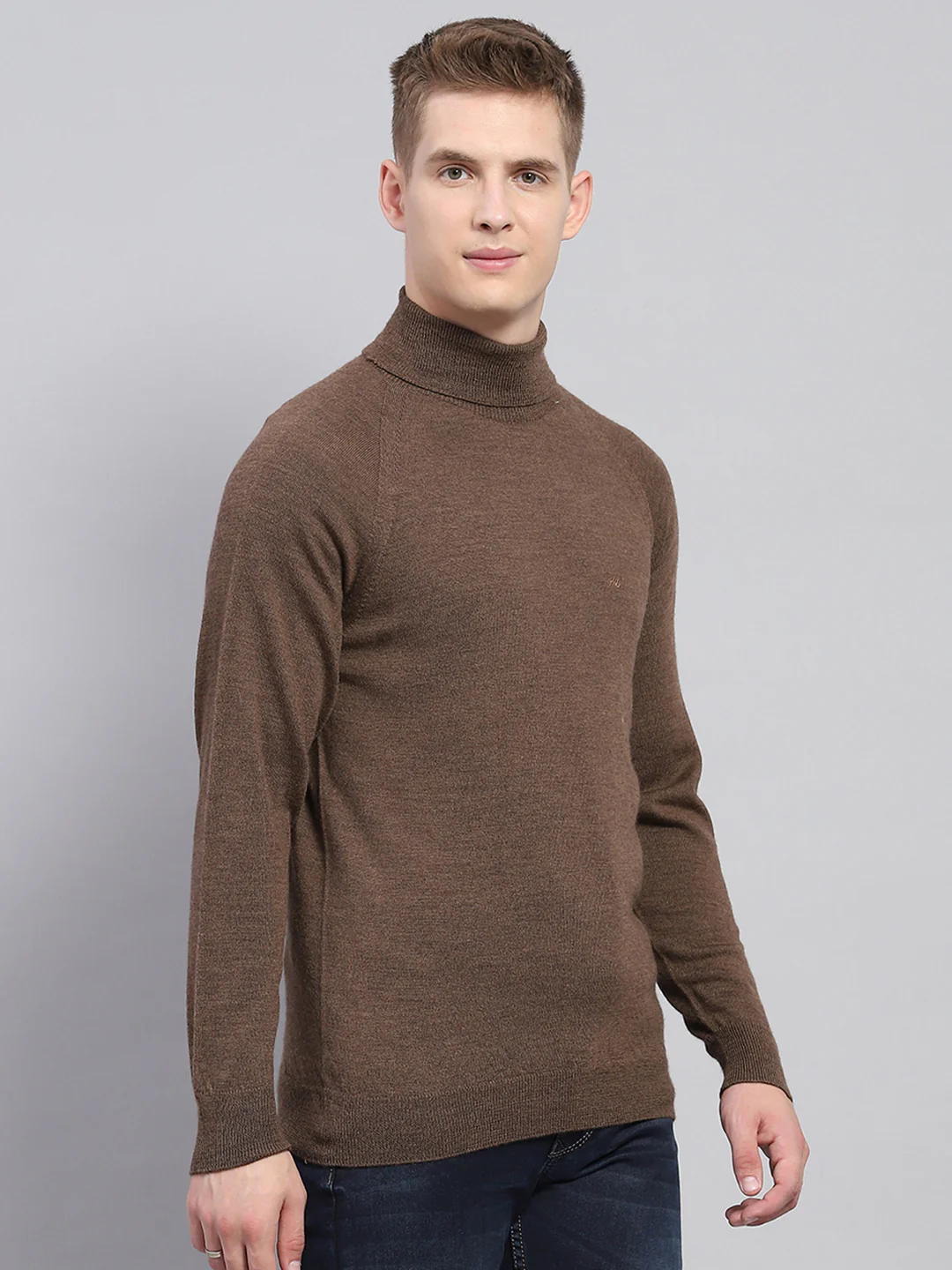 Men Brown Solid High Neck Full Sleeve Pullover - Image 4