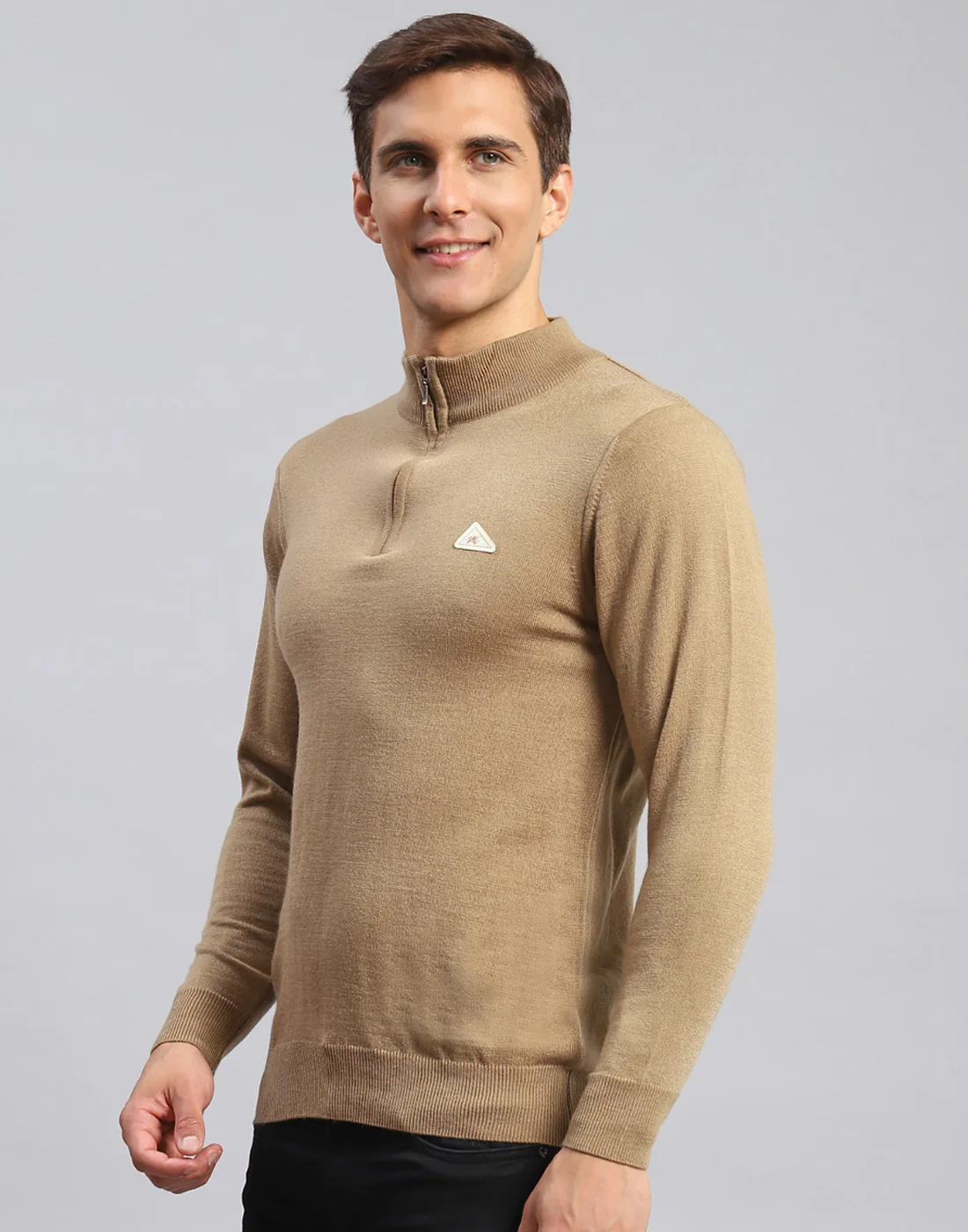Men Brown Solid High Neck Full Sleeve Pullover - Image 3
