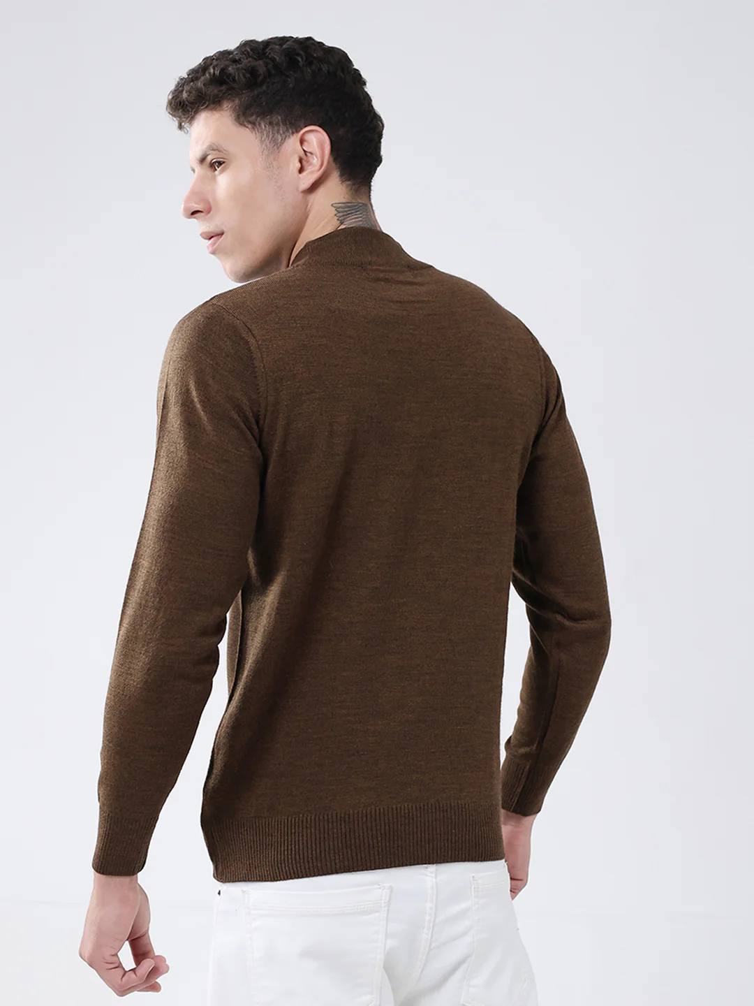 Men Brown Solid High Neck Full Sleeve Pullover - Image 5