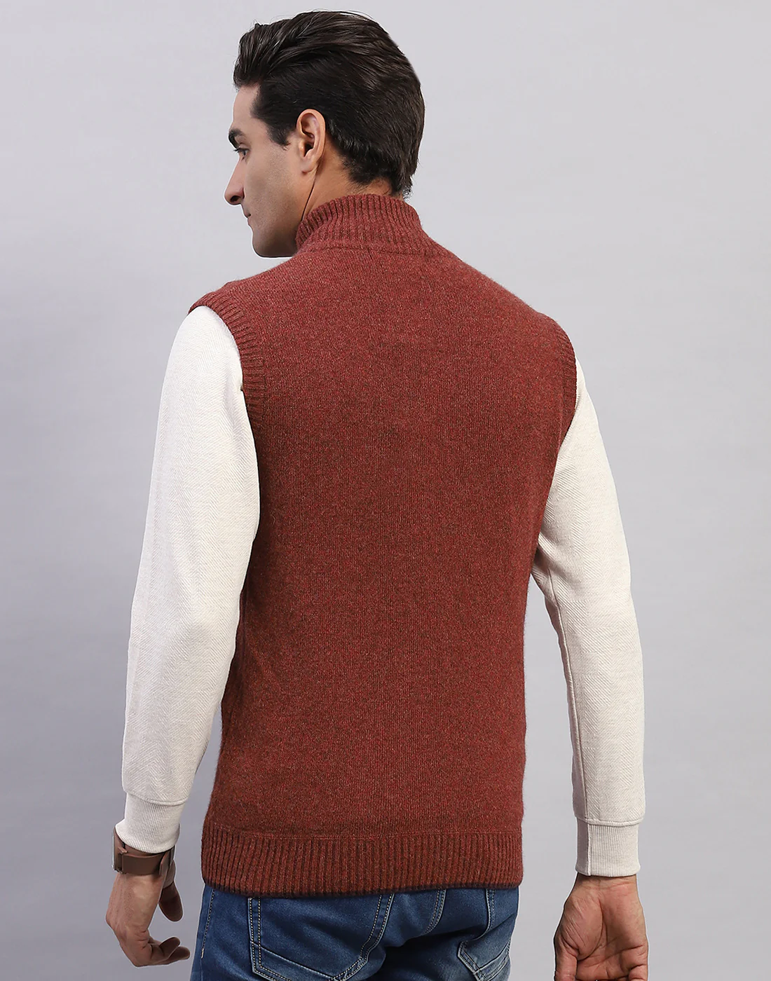 Men Brown Solid High Neck Sleeveless Sweater - Image 5
