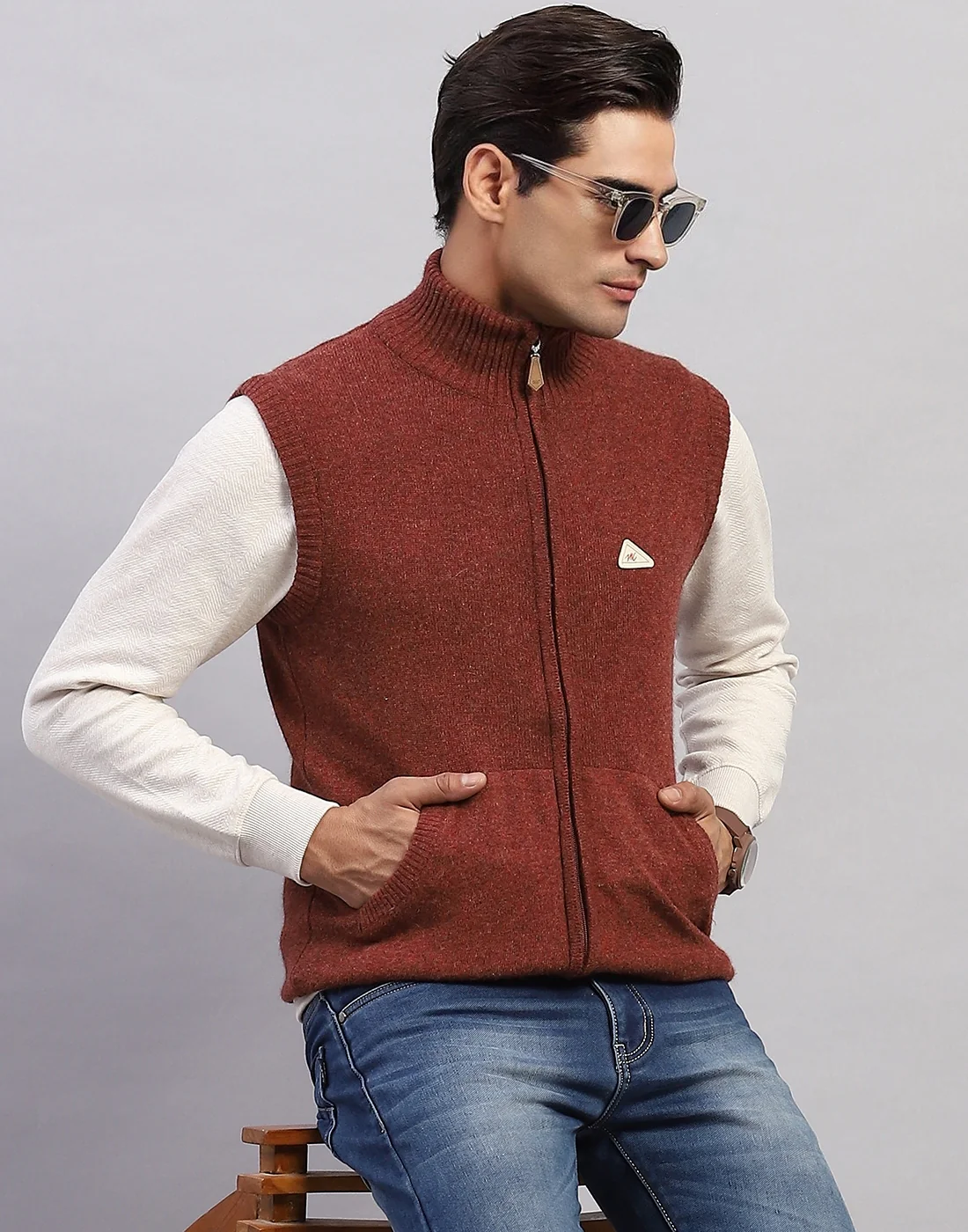 Men Brown Solid High Neck Sleeveless Sweater - Image 6
