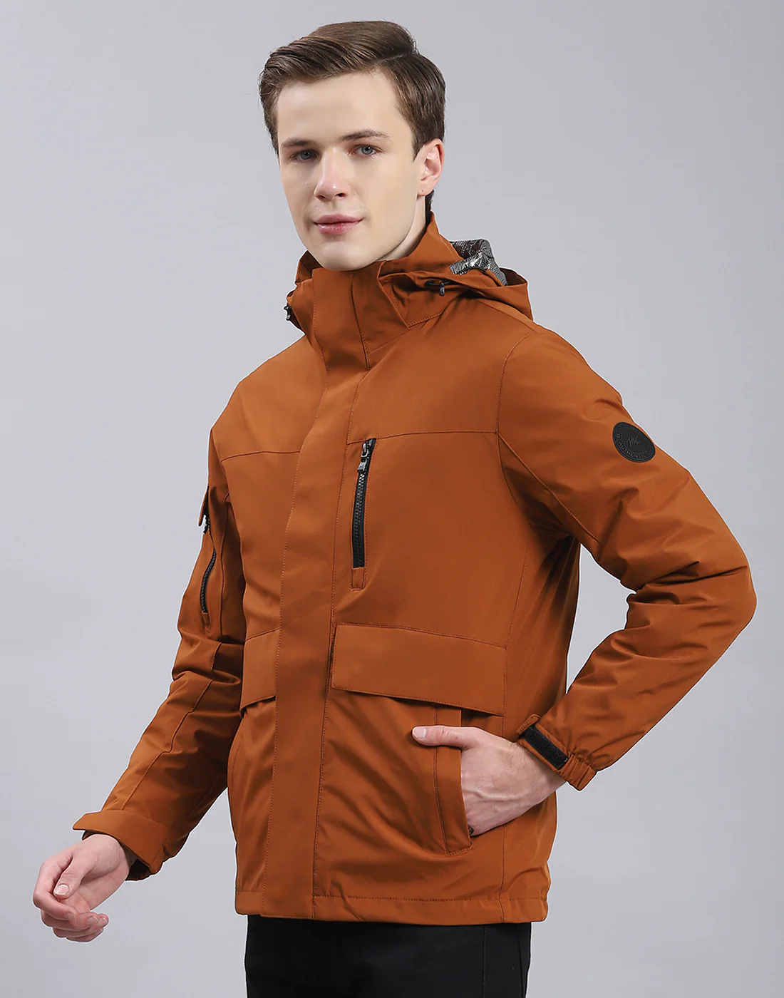 Men Brown Solid Hooded Full Sleeve Jacket - Image 3