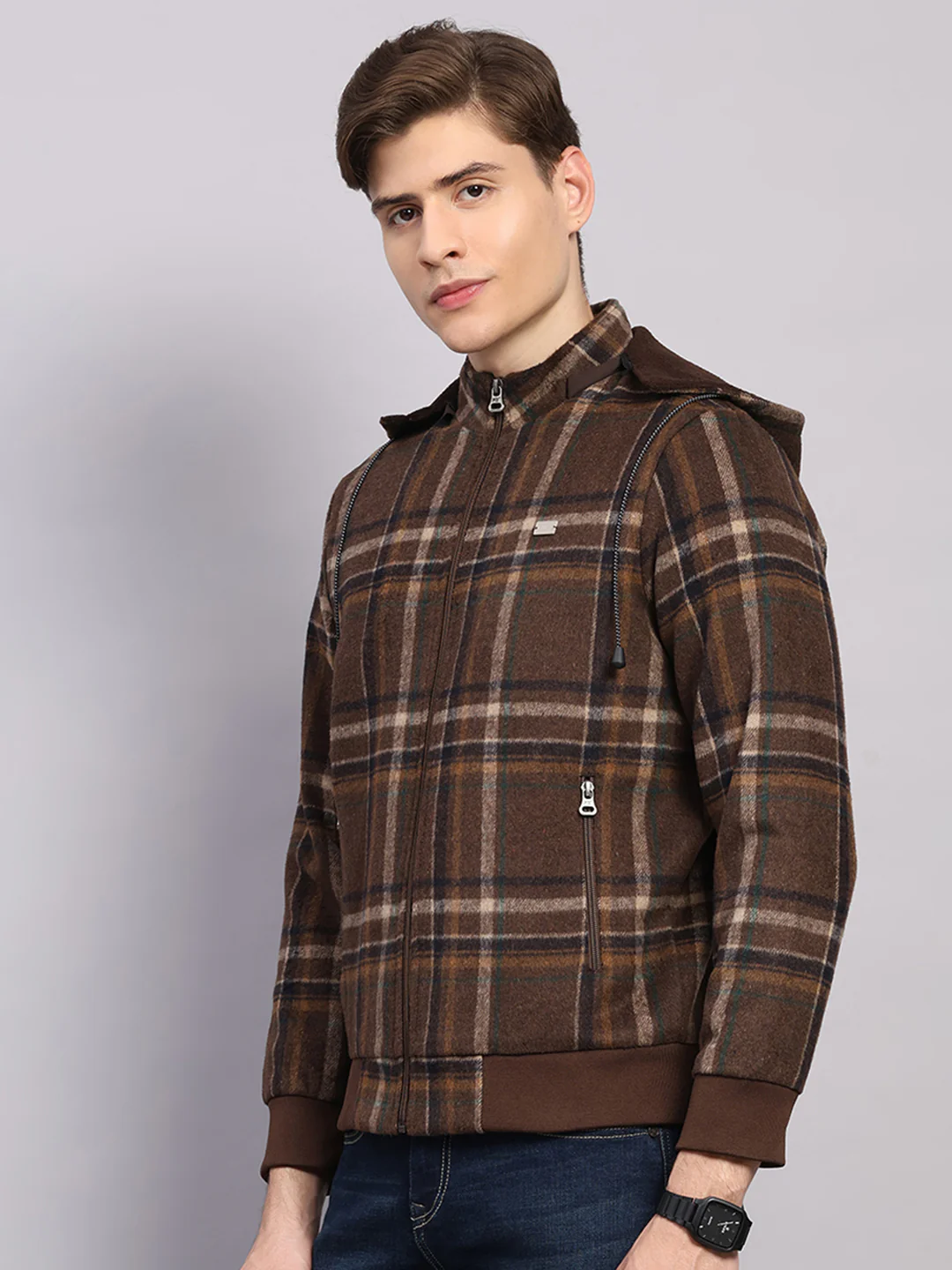 Men Brown Solid Hooded Full Sleeve Jacket - Image 3