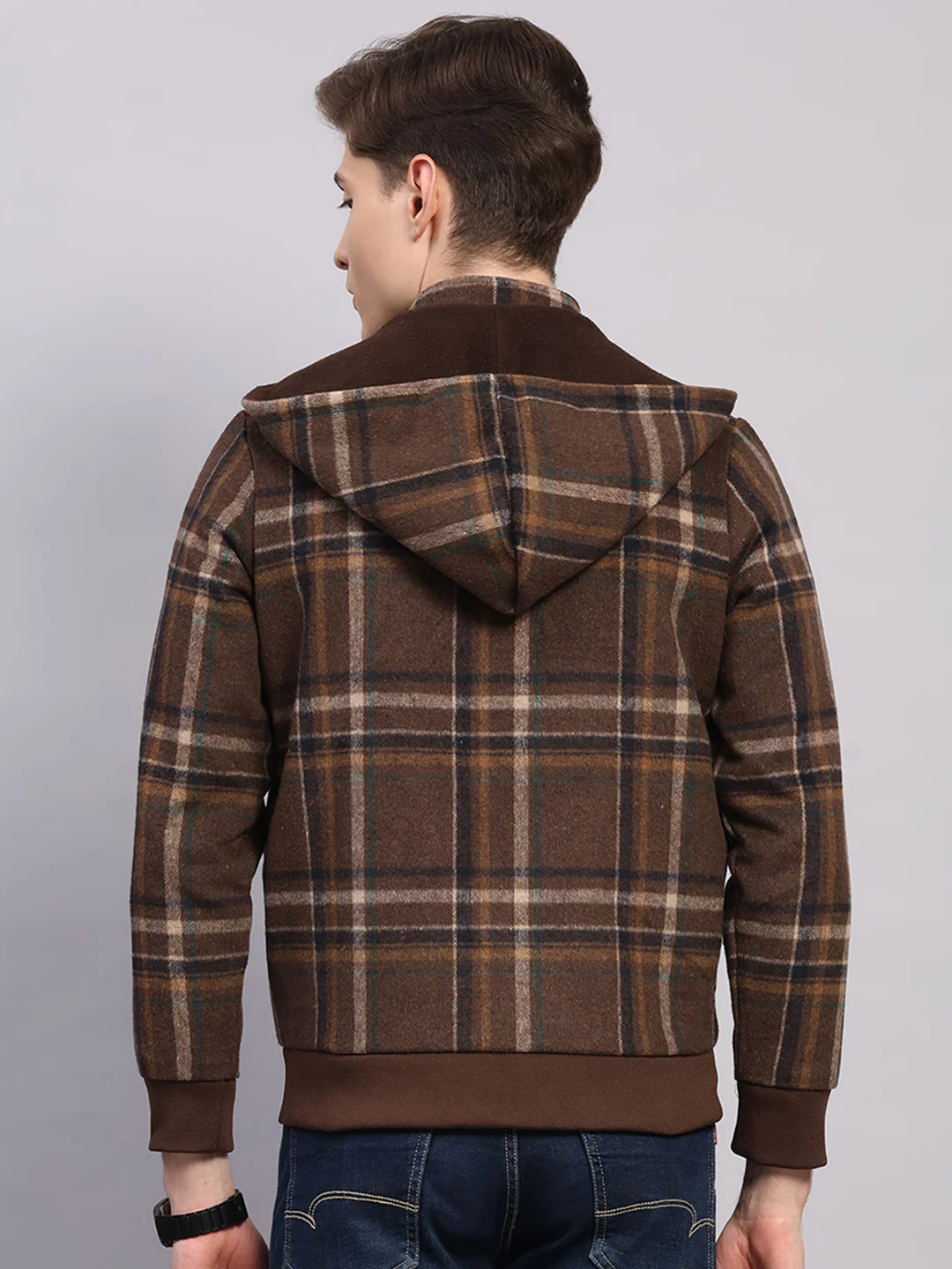 Men Brown Solid Hooded Full Sleeve Jacket - Image 5